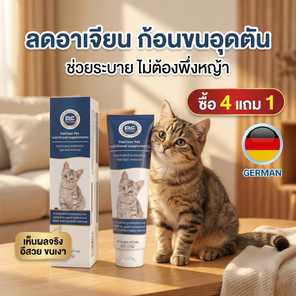 [พร้อมส่ง] PetClear เจลขจัดก้อนขนแมว ผสมโปรไบโอติก (120g) ลดอาเจียน บำรุงลำไส้ แก้ท้องผูก อาหารเสริม