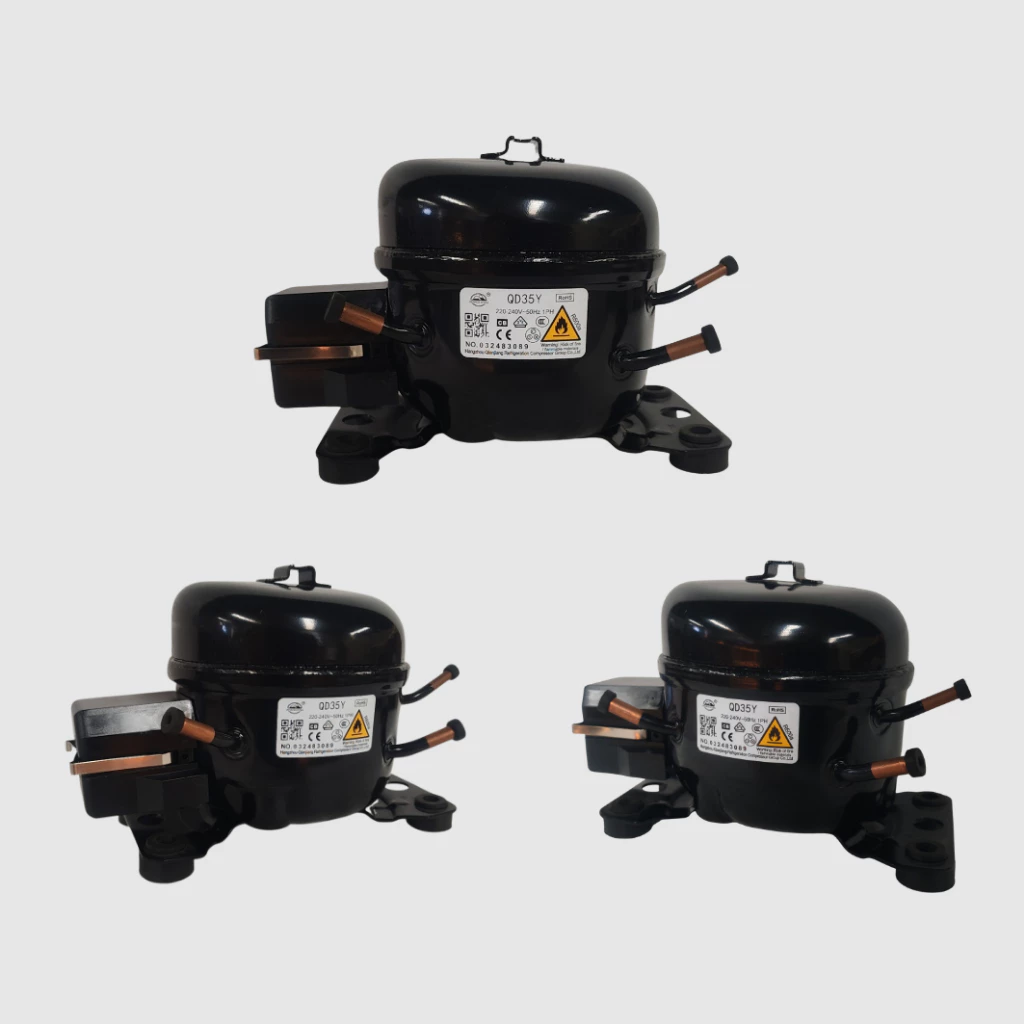 ใหม่ WANSHENG R600A คอมเพรสเซอร์ QD35Y สําหรับตู้เย็นประตูเดียวขนาดเล็ก, กําลัง 30W และความจุระบายความร้อน 54W