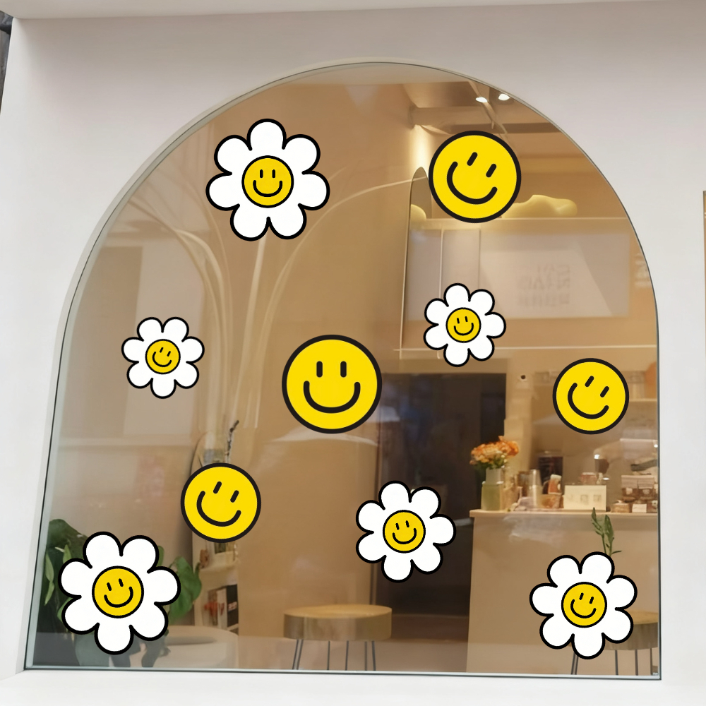 ยิ้มลายดอกไม้สติกเกอร์ร้านชานมร้านขายเสื้อผ้าร้านคาเฟ่หน้าต่างกระจกสติกเกอร์ประตูสติ๊กเกอร์ติดผนัง