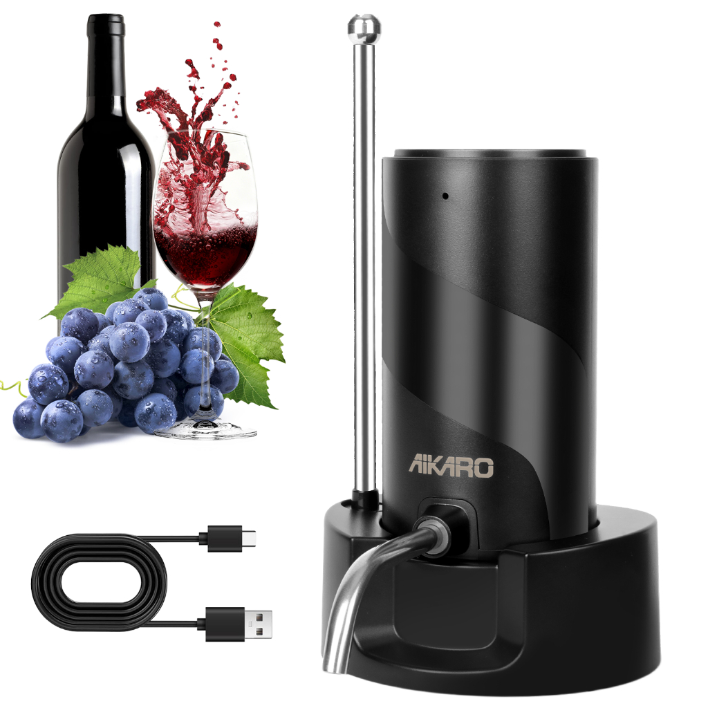 AIKARO - เครื่องเติมอากาศไวน์ไฟฟ้า Pourer ขวดเหล้าอิเล็กทรอนิกส์อัตโนมัติแบบชาร์จไฟได้พร้อมฐาน