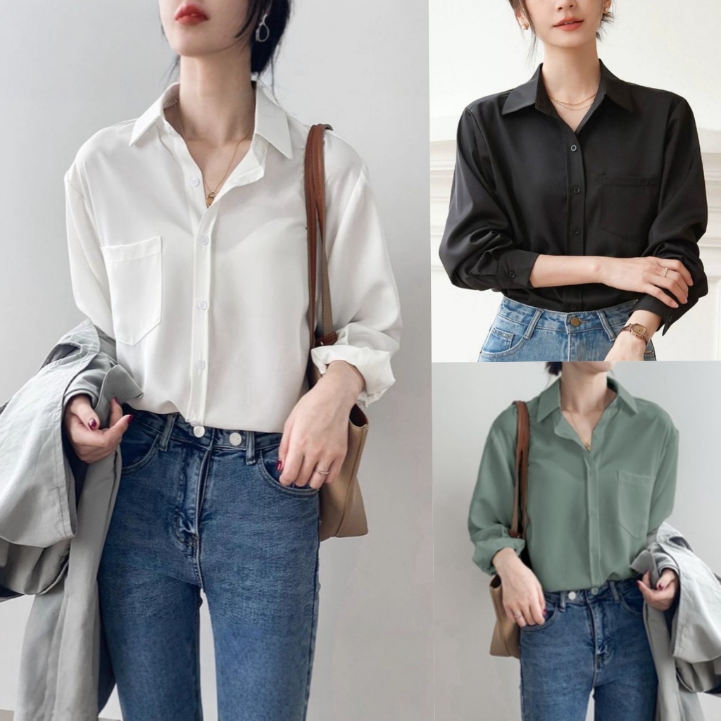 ผู้หญิง แขนยาว เสื้อเชิ้ต สไตล์เกาหลี ไซส์ใหญ่ ทรงหลวม สีทึบ เสื้อ คอพับ การออกแบบกระเป๋า