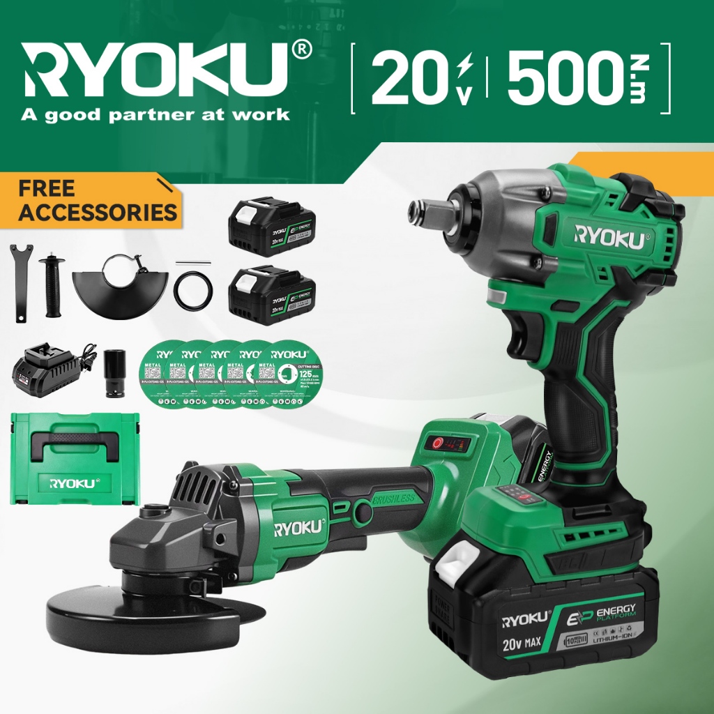 RYOKU ไร้สาย 500NM ประแจไร้แปรงถ่านและเครื่องมือไฟฟ้าเครื่องบดมุม
