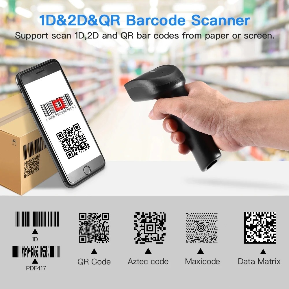 Eyoyo EY-006 2.4G ไร้สายบลูทูธ 2D QR Barcode Scanner มือถือ USB แบบมีสาย 1D Bar Code Reader PDF417 D