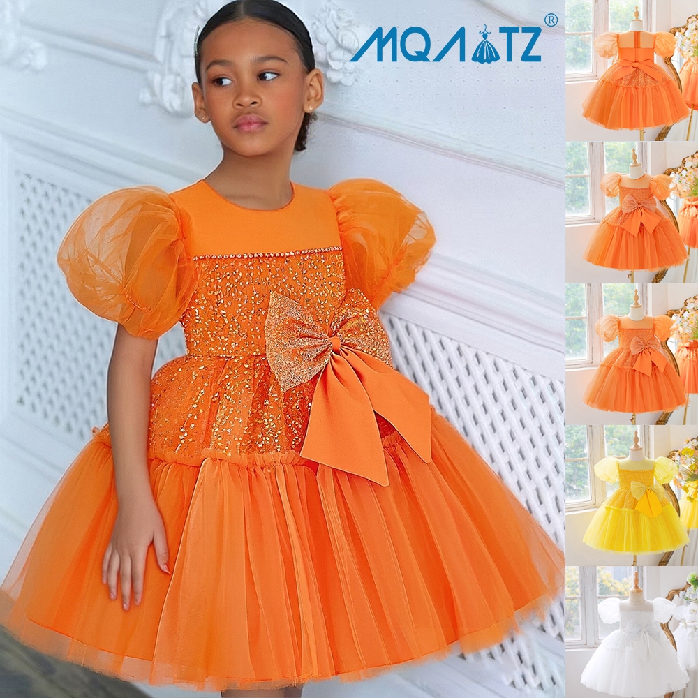MQATZ เลื่อมพรรคสาวชุดสําหรับเด็กเสื้อผ้าโบว์ใหญ่ชุดเจ้าหญิงน่ารักสีส้มวันเกิดเครื่องแต่งกาย8 10ปี L6033