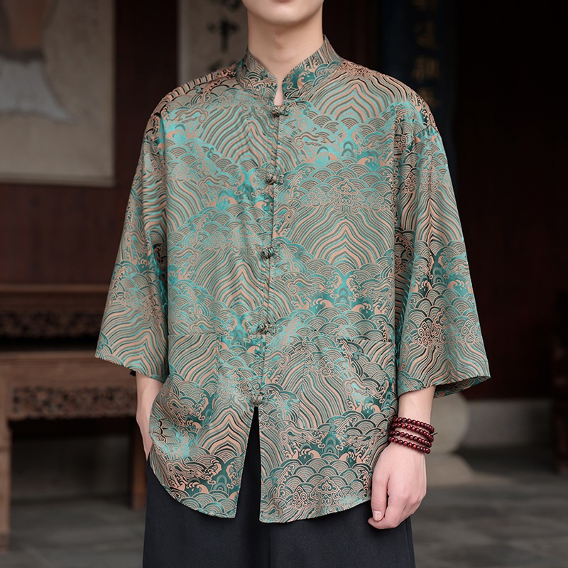 เสื้อผู้ชายสไตล์จีน ผ้าแจ็คการ์ด แขนสั้น ลายดอกไม้ สำหรับใส่ลำลองในฤดูร้อน