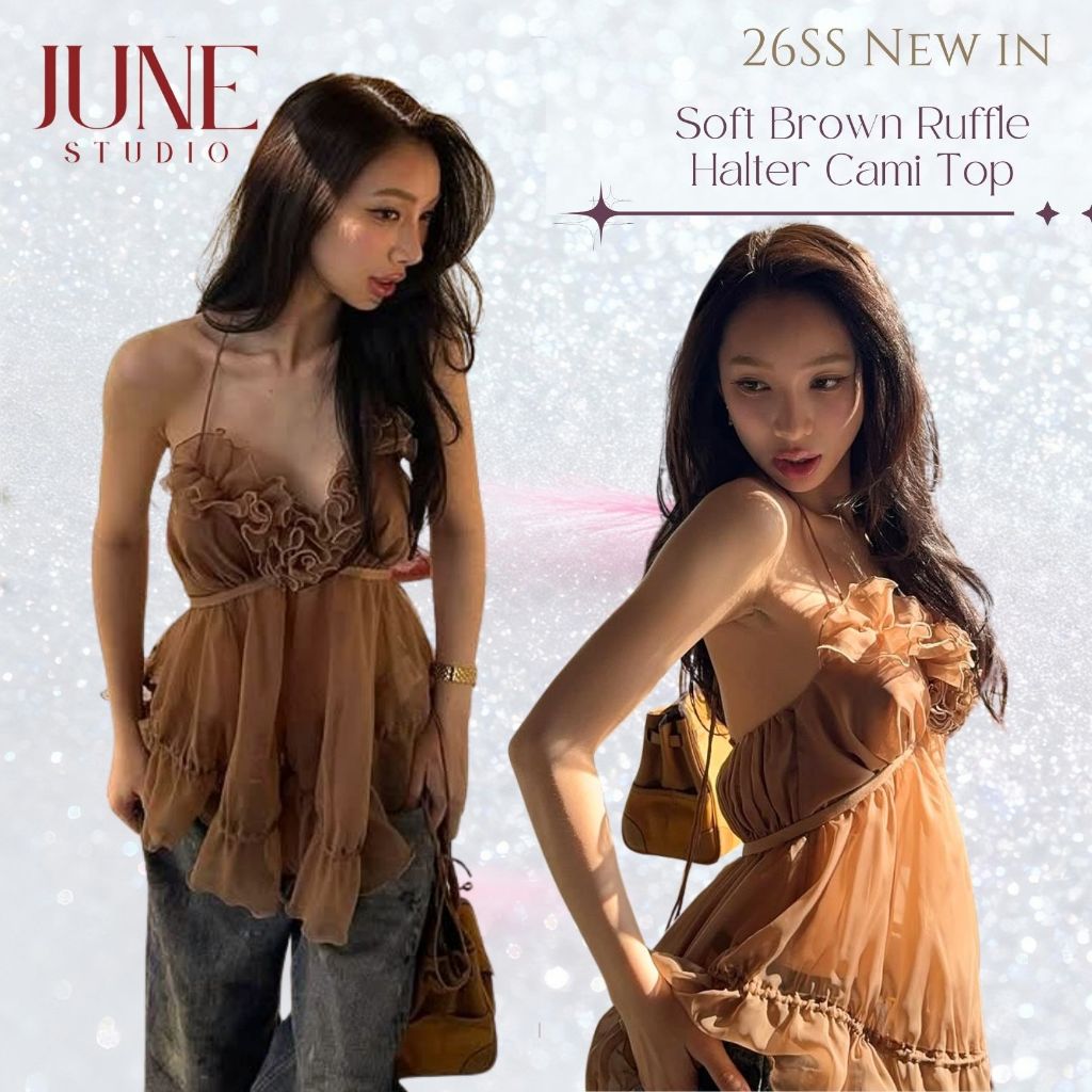 【Ready to ship】เสื้อสายเดี่ยวคล้องคอ ระบาย ผู้หญิง สไตล์ฝรั่งเศส เกาหลี Y2K เซ็กซี่ น่ารัก เข้ารูป พร้อมส่ง [June Studio]