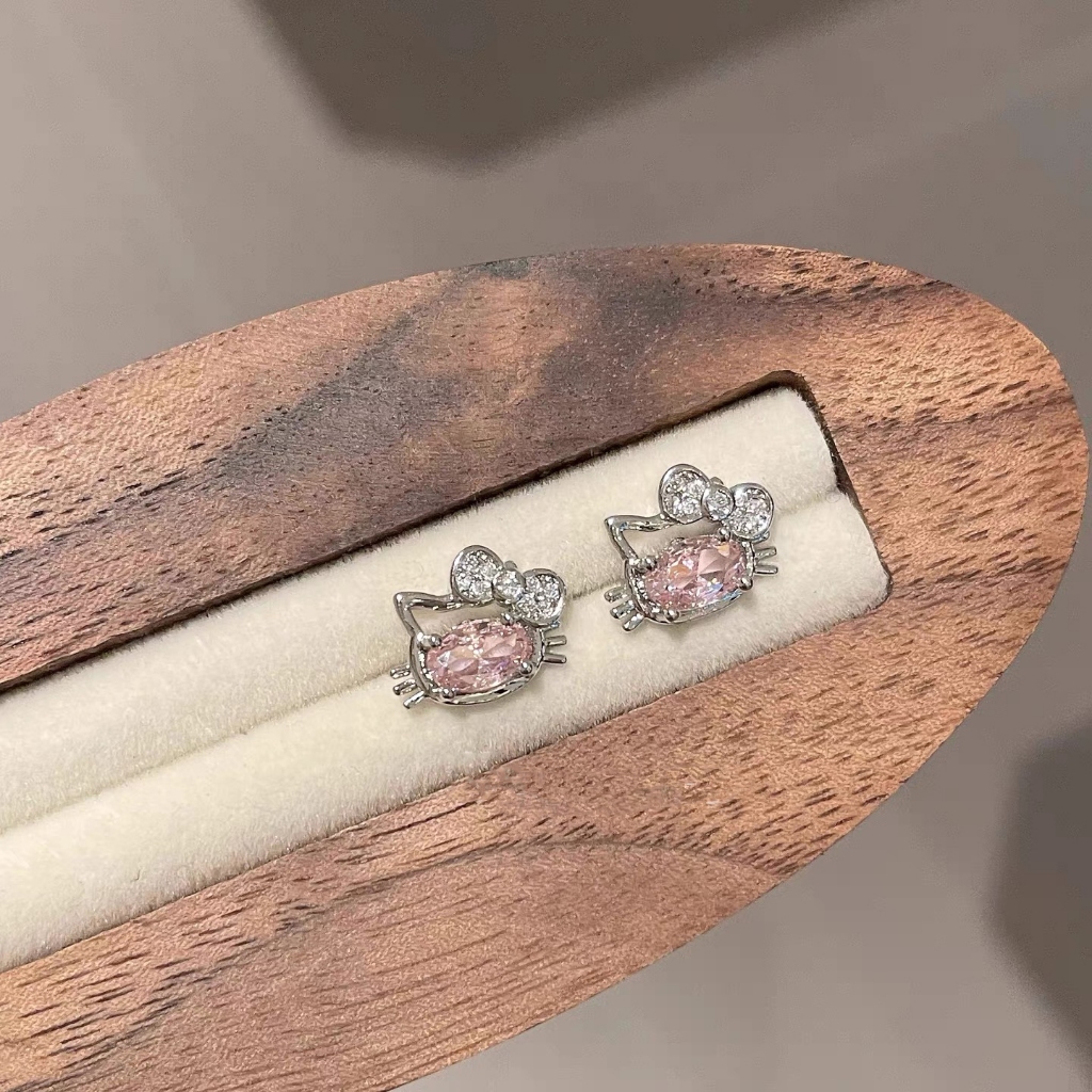 ต่างหูแมวน่ารักสไตล์เกาหลีสีชมพู พร้อมสายสะพายแบบโบว์ เหมาะสำหรับนักเรียนและของขวัญวันเกิด