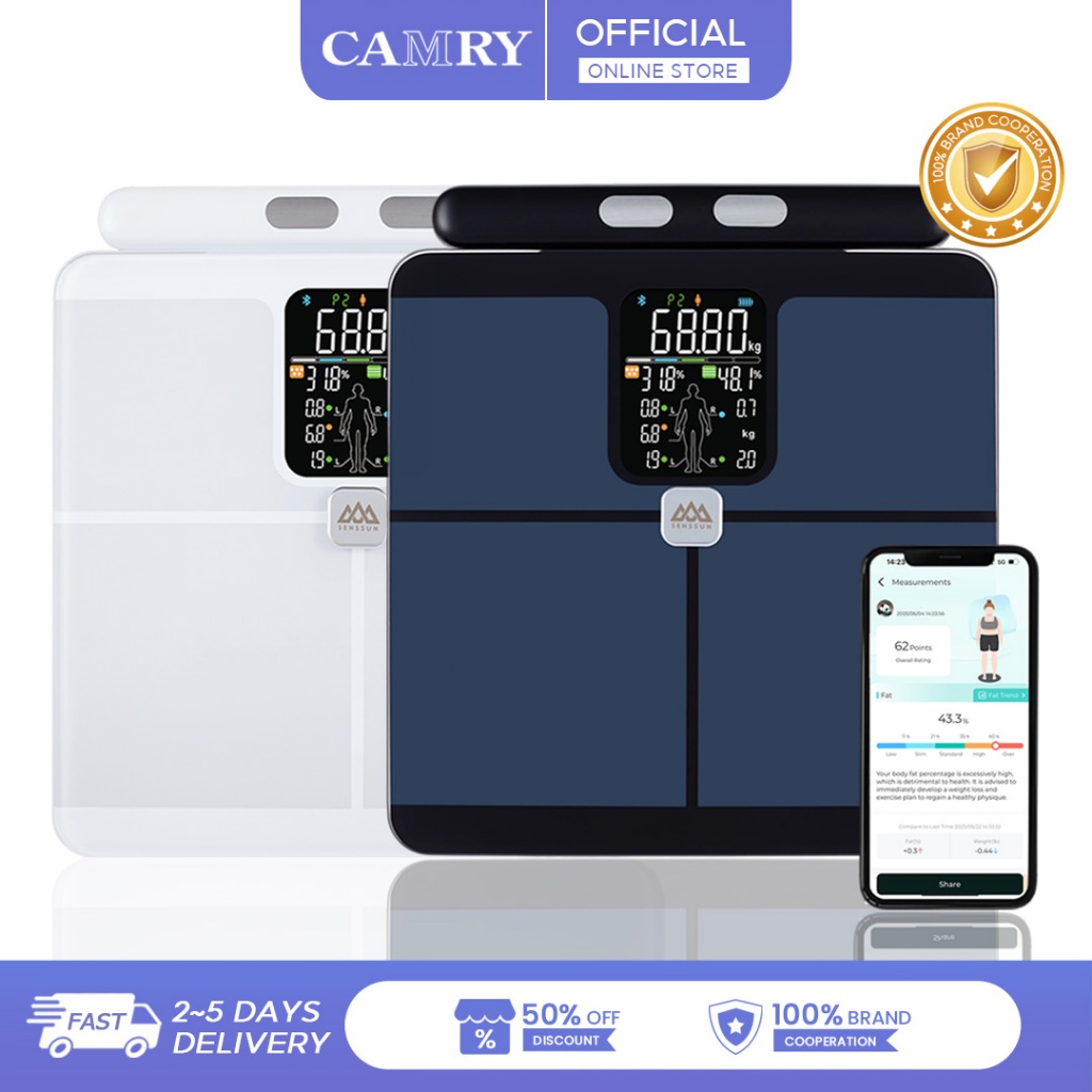 CAMRY เครื่องชั่งน้ําหนักไขมันในร่างกายอัจฉริยะ การวิเคราะห์ส่วนความถี่คู่ เครื่องชั่งน้ําหนักห้องน้ําจอแสดงผลสีขนาดใหญ่