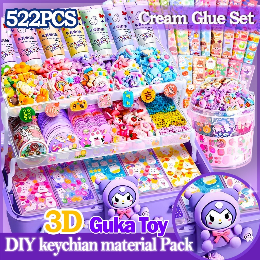 ✨สต็อกพร้อม✨522PCS DIY พวงกุญแจกล่องสาวของขวัญครีมกาว Guka ชุดกล่องสติกเกอร์วัสดุแพคเกจ kuromi Goo การ์ด DIY ชุดพวงกุญแจวัสดุ 3 ชั้นกล่องเก็บ