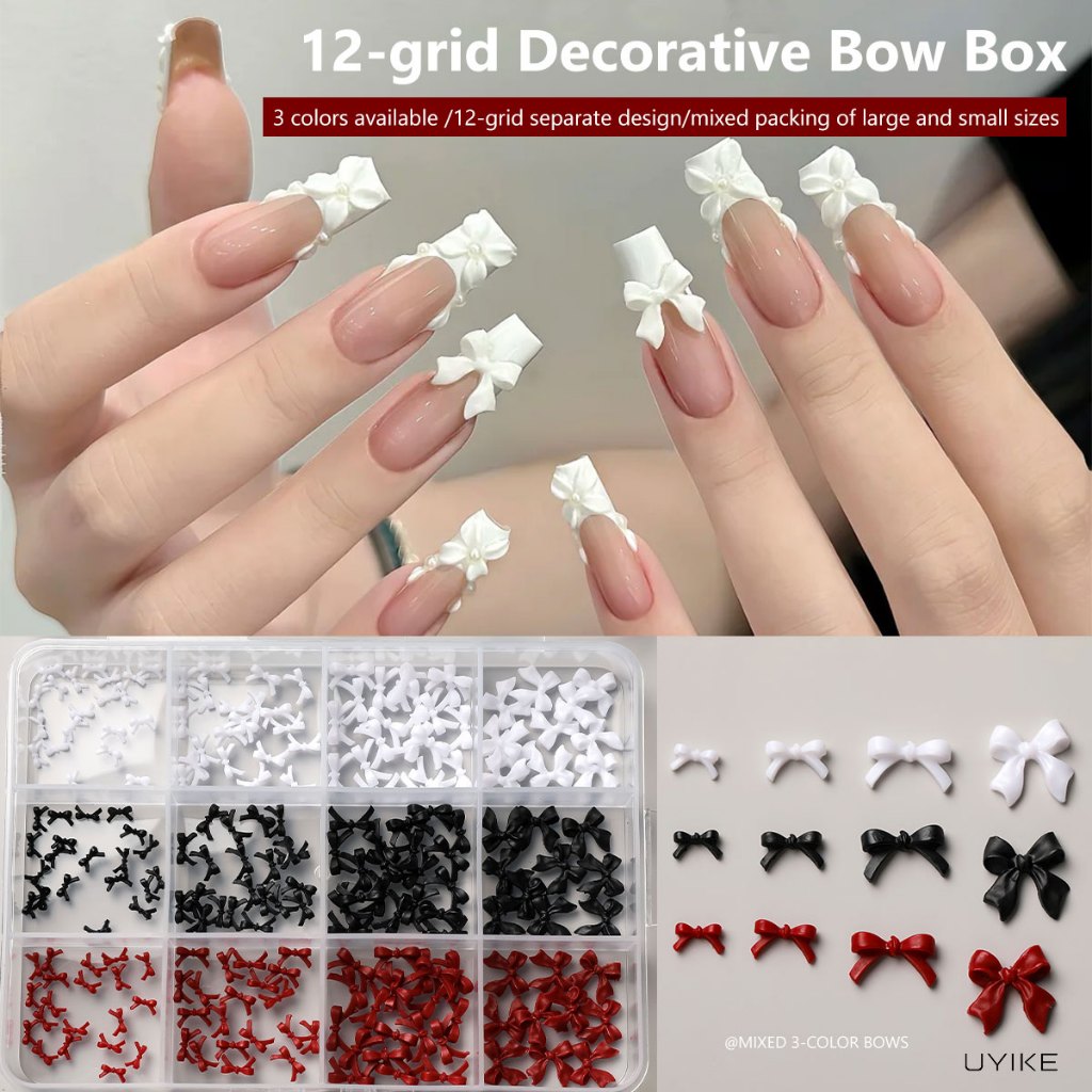 UYIKE 12-Grid Mixed Size Bow Nail Charms | อุปกรณ์ทําเล็บ พลอยเทียม สีดําสีขาวสีแดง
