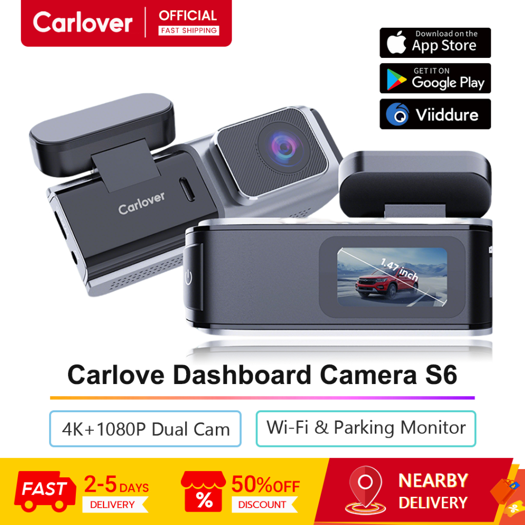 กล้องแดชบอร์ด Carlove S6, กล้องคู่ 4K+1080P, AI Night Vision, จอภาพที่จอดรถ, Dash Cam