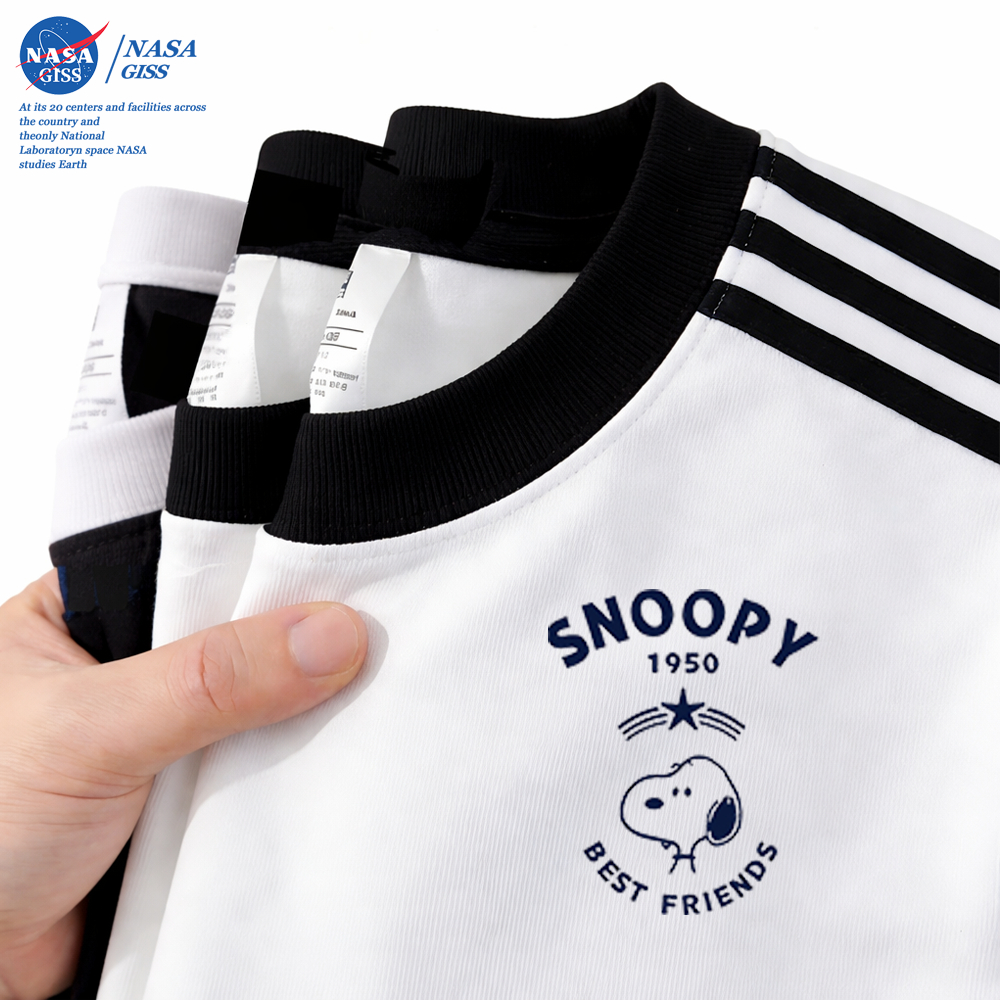 NASA เสื้อยืดสามแถบชายหญิง oversize แขนสั้น สไตล์ลำลอง summer SNOOPY คอตตอน100% คอกลม หลวมและระบายอากาศ