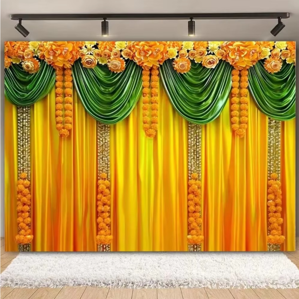 7x5FT อินเดีย Pouja ฉากหลังแบบดั้งเดิม,ดาวเรือง Chatiya Ganesh เทศกาลแบบดั้งเดิมการถ่ายภาพพื้นหลัง P