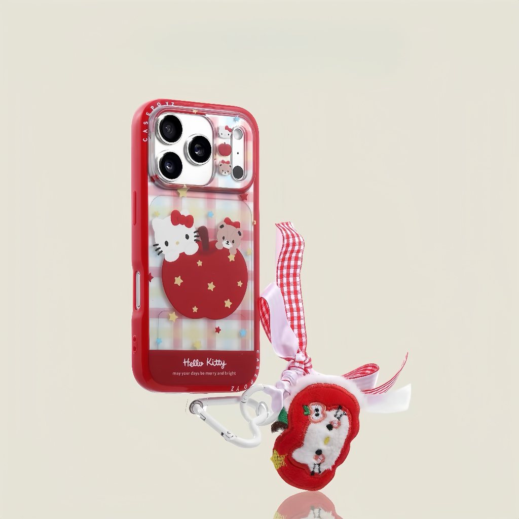 การ์ตูน Red apple น่ารัก Kitty หมีพร้อมเชือกเส้นเล็กเคสโทรศัพท์สําหรับ iPhone 17 16 15 14 13 Pro Max กันกระแทกฝาครอบป้องกัน