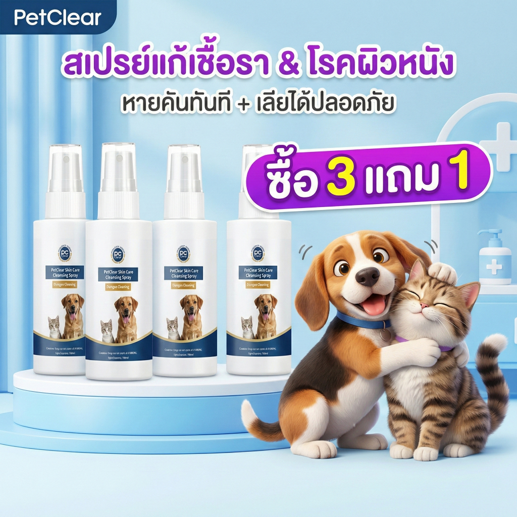 PetClear สเปรย์บำรุงผิวหนังแมวและสุนัข สูตร แอลกอฮอล์ อ่อนโยนต่อผิวแพ้ง่าย เลียได้