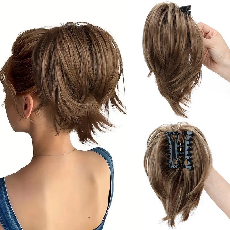 Claw คลิปผมตรง Bun 9 นิ ้ วผมหางม ้ าสั ้ นต ่ อผม Bendable ลวดผมชิ ้ นผู ้ หญิงปลอม Bun