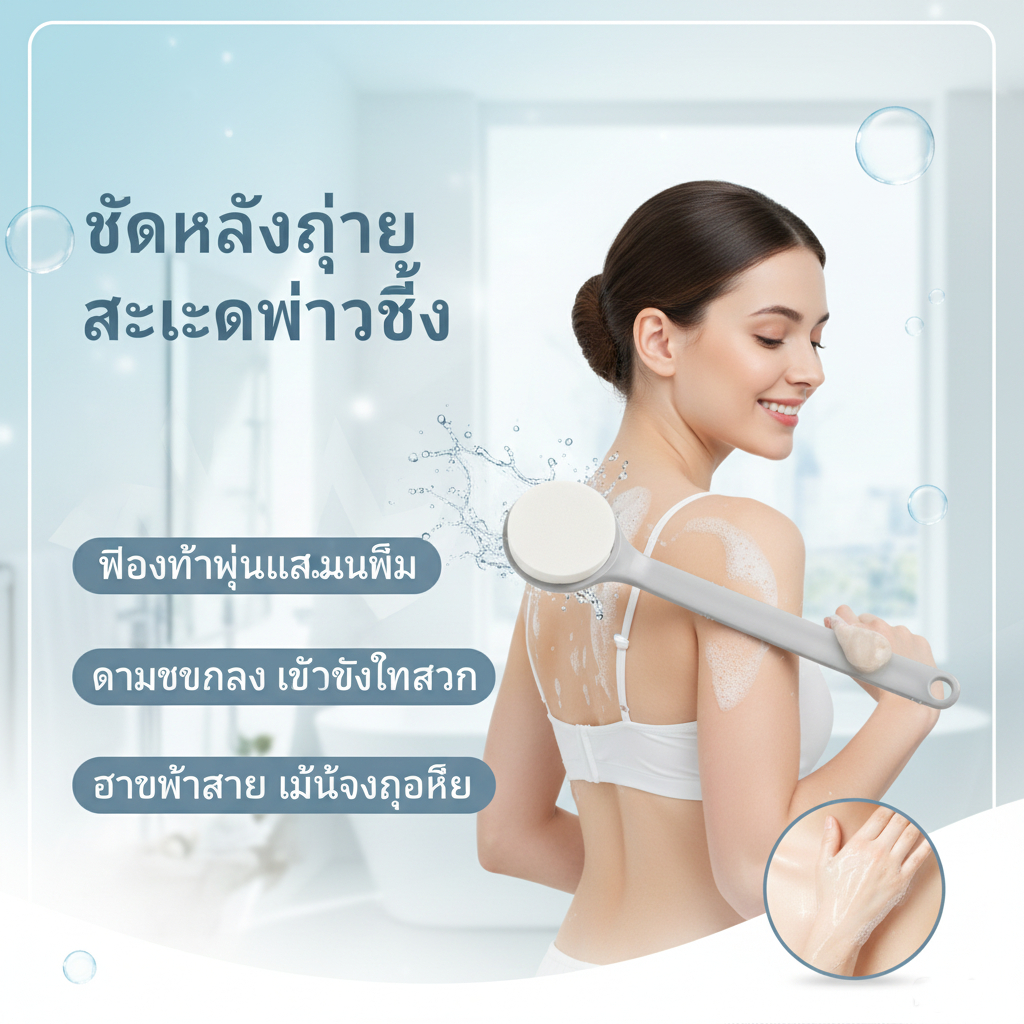 ด้ามยาวแปรงอาบน้ํา หน้า จับกันลื่นทนทาน พีวีเอ ฟองน้ําผิวนุ่มเป็นมิตรไม่เจ็บปวดถูอาบน้ําง่ายต่อการล้างออกจาระบีคราบเหงื