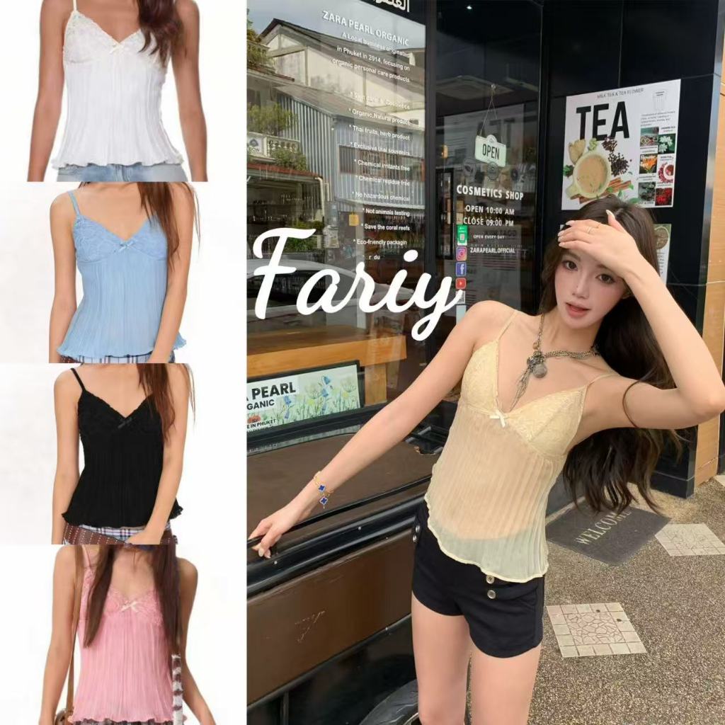 Fariy🍒คลังสินค้าพร้อม🍒 เสื้อสายเดี่ยวแขนกุดผูกโบว์ลูกไม้สุดเซ็กซี่สำหรับผู้หญิง สไตล์ใหม่ฤดูร้อนปี 2025 ดีไซน์หวานและมีเอกลักษณ์เฉพาะตัว