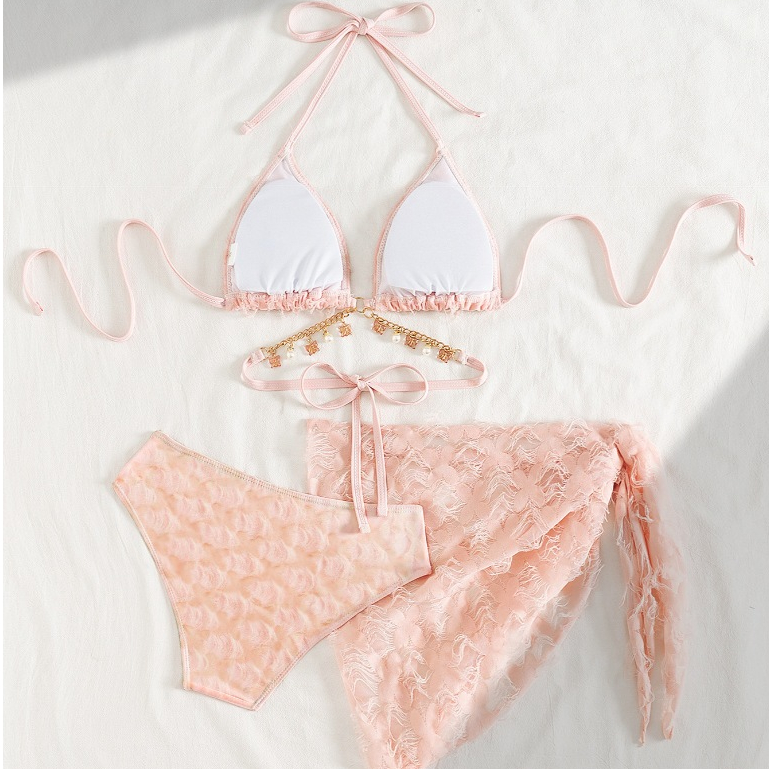 ชุดว่ายน้ำบิกินี่สายรัดสำหรับผู้หญิง ออกแบบโรแมนติกและโปร่งใส ระบายอากาศดี เหมาะสำหรับชายหาด - รูปที่ 7