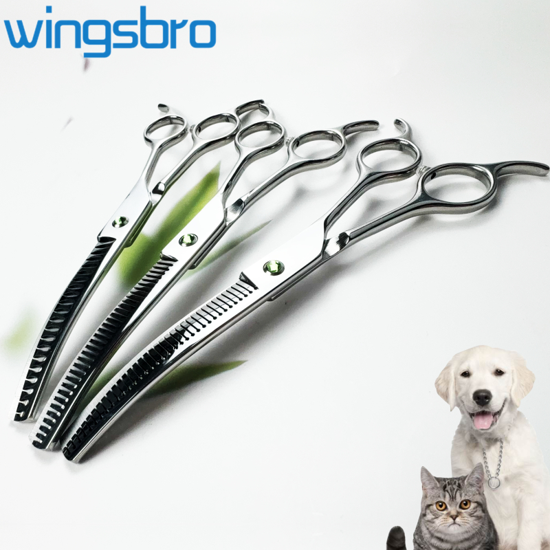 Wingsbro 7.5 นิ้ว Silver Dog Grooming Shears, โค้งบาง Shark Chunker, อุปกรณ์เสริมผมสุนัข Professional สัตว์เลี้ยงตัดกรรไกรเครื่องมือ