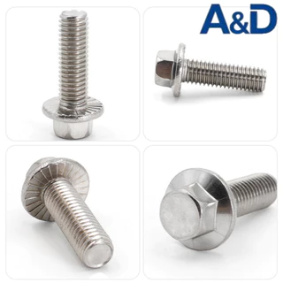 A&D M4/M5/M6 304 สแตนเลสสตีลหยักหน้าแปลนสลักเกลียว แบน Hex หัว Anti-Slip Anti-Loose Integrated เครื่องซักผ้าสนิมและทนต่อการกัดกร่อน