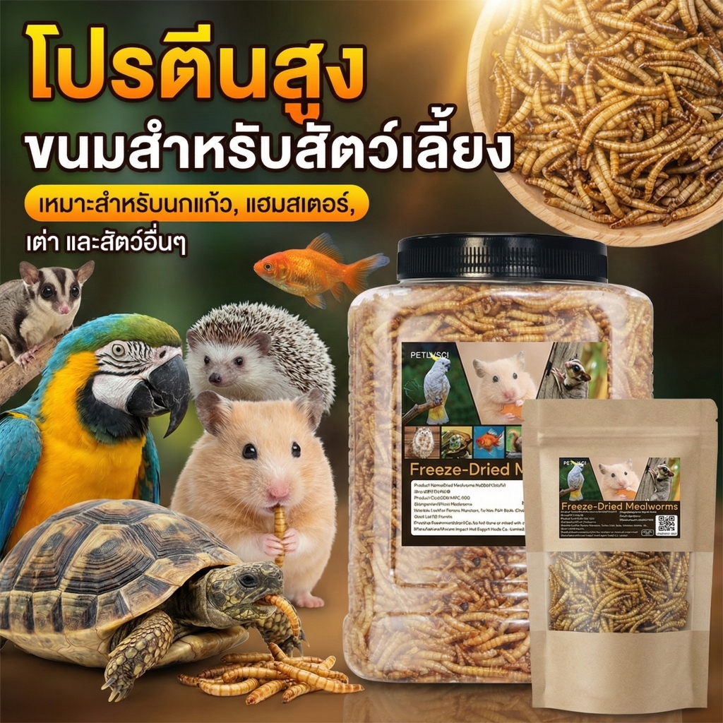 PETLUSCI® ผงหนอนนก หนอนอาหาร หนอนอบแห้ง อาหารหนูแฮมเตอร์ hamster โปรตีนสูง อาหารนก เต่า ขนาด 1300ml