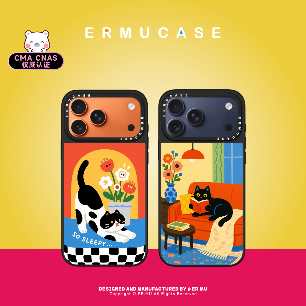 (15 ~ 17 Series) เหมาะสําหรับ IPhone 15 16 17 Pro Max กันกระแทกกระจกส่วนบุคคลกรอบสีดําเคสโทรศัพท์-Crazy Cat x ERMUCASE Artist Co-Branded Series So Sleepy & Reading Meow