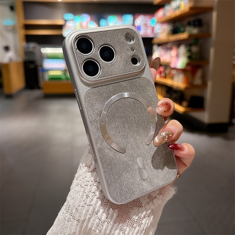 หรูหราพรีเมี่ยมสีเทาผ้ายีนส์ลายหน้าต่างขนาดใหญ่พร้อมเคสโทรศัพท์แม่เหล็กทันที17เหมาะสําหรับ ไอโฟน 11 12 13 14 15 16 17 มือโปร สูงสุด รวมทุกอย่างเคสกันล