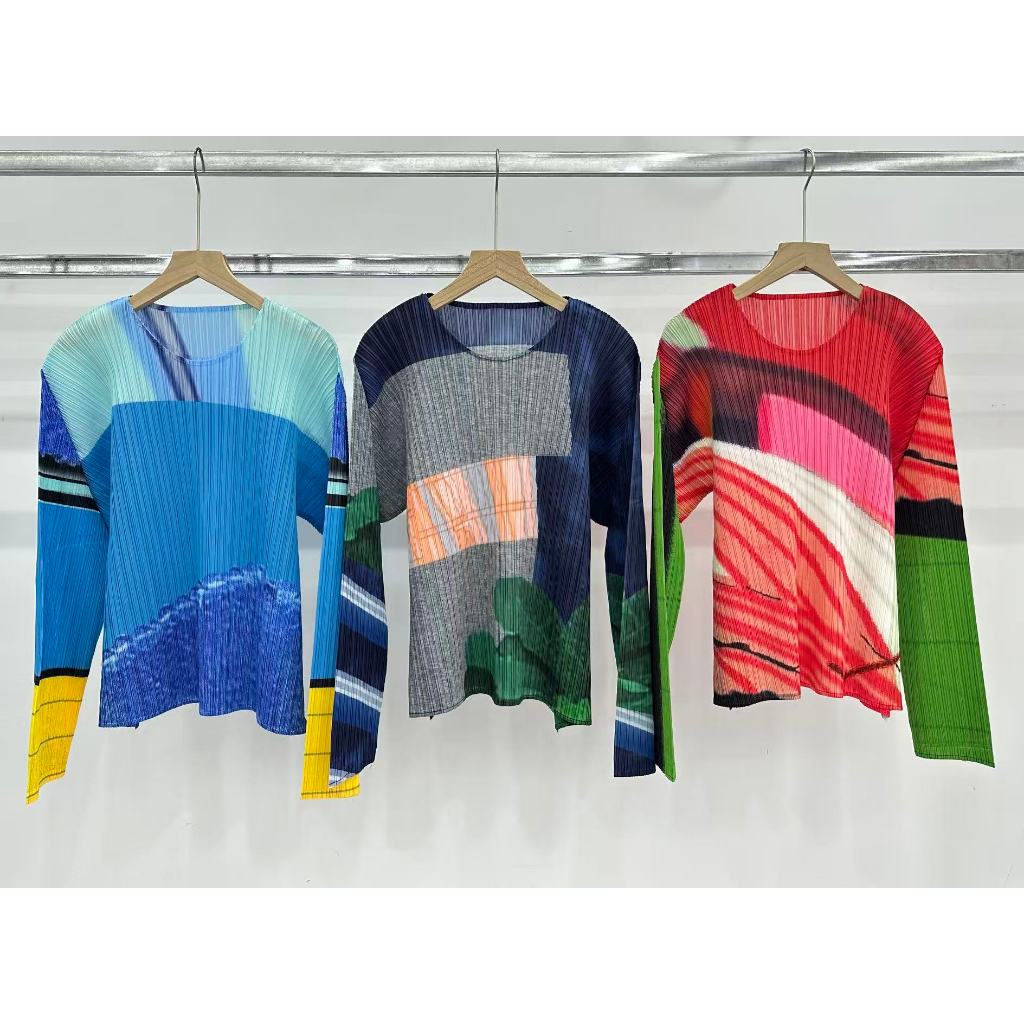 มิยาเกะสไตล์2026เว็บไซต์อย่างเป็นทางการฤดูใบไม้ผลิพิมพ์สี-Blocking Top + Trousersสูทแฟชั่นครอบคลุมไขมันSlimmerดูวัสดุคุณภาพสูง