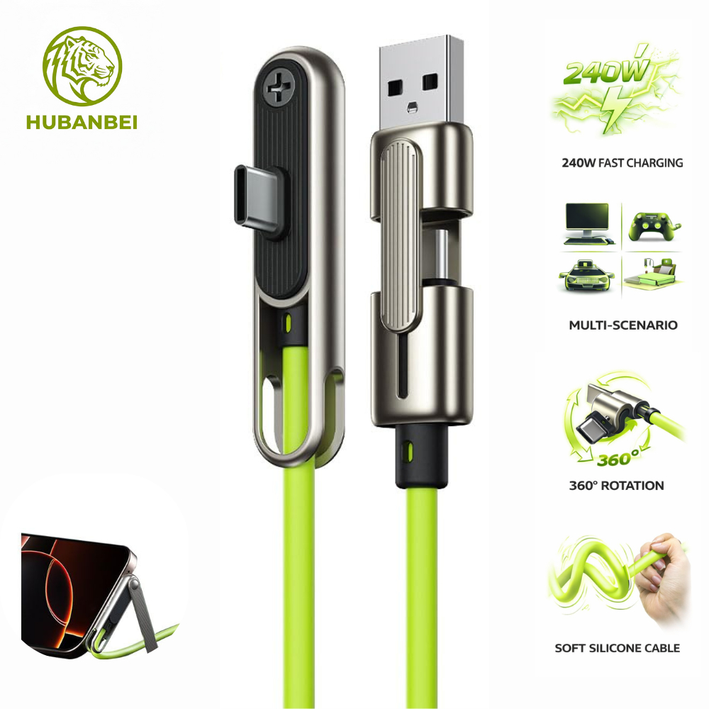 สายชาร์จเร็ว 240W USB-A/USB-C to Type-C พร้อมขาตั้งมือถือแบบซ่อนในสาย 2-in-1 เหมาะสำหรับเล่นเกม ทำงาน และใช้งานในรถ รองรับ iPhone และ Samsung