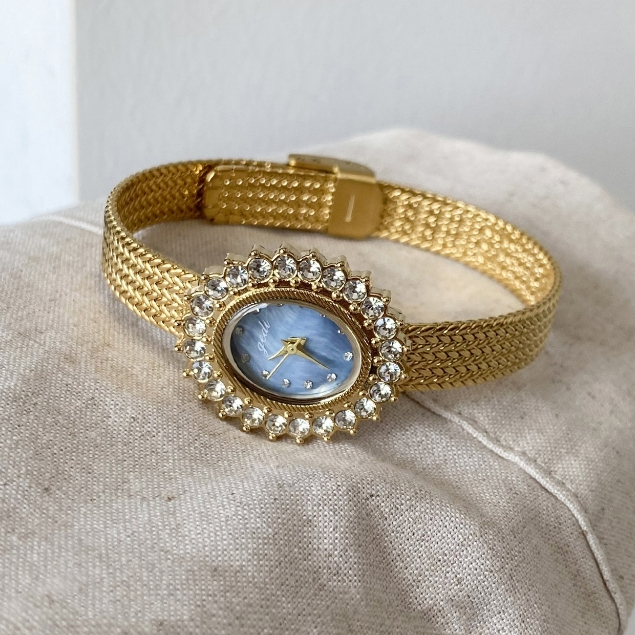 หรูหราทองนาฬิกาผู้หญิงเพชร Bezel Mother-of-Pearl Dial สแตนเลสตาข่าย Band Elegant นาฬิกาข้อมือควอตซ์สําหรับปาร์ตี้ทุกวัน
