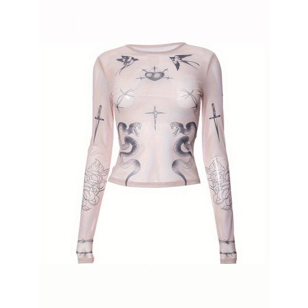 Y2K Aesthetic Tattoo พิมพ์ Sheer ตาข่ายผู้หญิงแขนยาว O คอ Slim Fit Crop TOP Streetwear