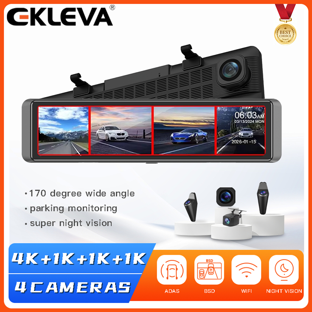 EKLEVA รถ DVR 4K 11.26" กระจก 4 ช่อง Night Vision ADAS 24H จอภาพที่จอดรถ