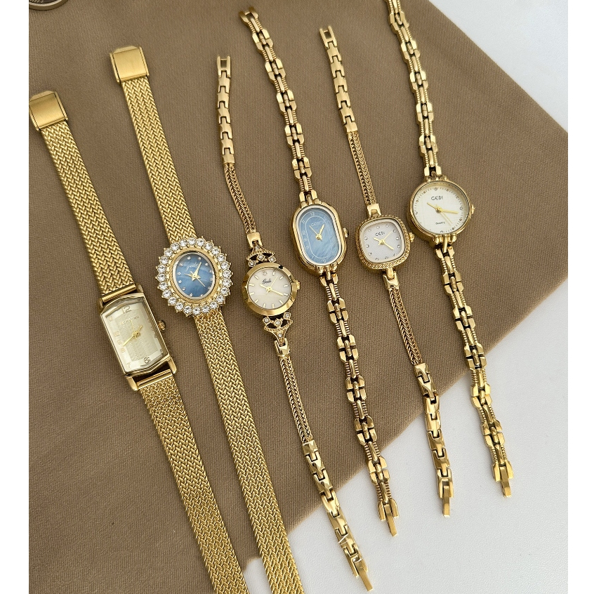 Vintage Gold นาฬิกาผู้หญิงคอลเลกชัน Retro สี่เหลี่ยมผืนผ้ารูปไข่ Dial Luxury สร้อยข้อมือโลหะนาฬิกาข้อมือควอตซ์ Elegant Dress นาฬิกา