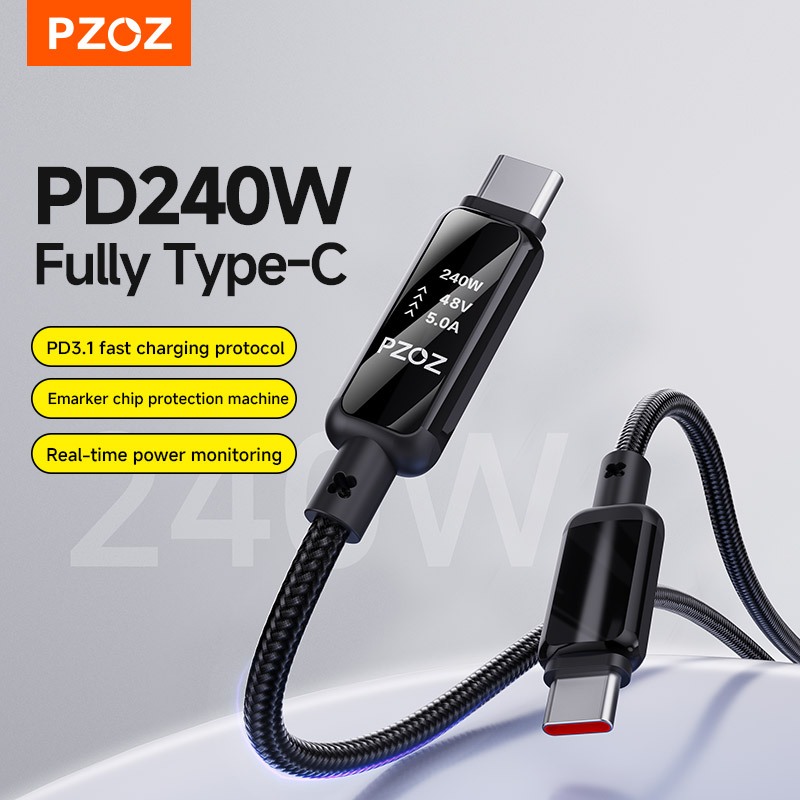 PZOZ 240W USB-C ถึง USB-C PD 3.1 เรือธง | จอแสดงผลไดนามิก | ใช้ได้กับทั้งโน๊ตบุ๊คและโทรศัพท์มือถือ Fast Charging Type C Cable สําหรับ Xiaomi Redmi Huawei IP 17 Samsung