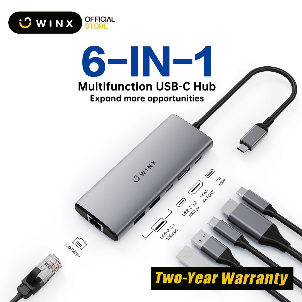 WINX USB HUB 6-in-1 Type-C HDMI 4K60Hz 100W Power Delivery USB3.1 (สูงสุด 10Gbps) เหมาะสําหรับแล็ปท็