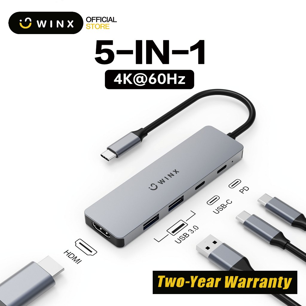 WINX WX-HB110 5-in-1 Type-C Hub 4K@60HZ HDMI Type-c Hub 100W Multi-port Adapter เหมาะสําหรับ MacBook, Windows, และ Android รับประกัน 2 ปี