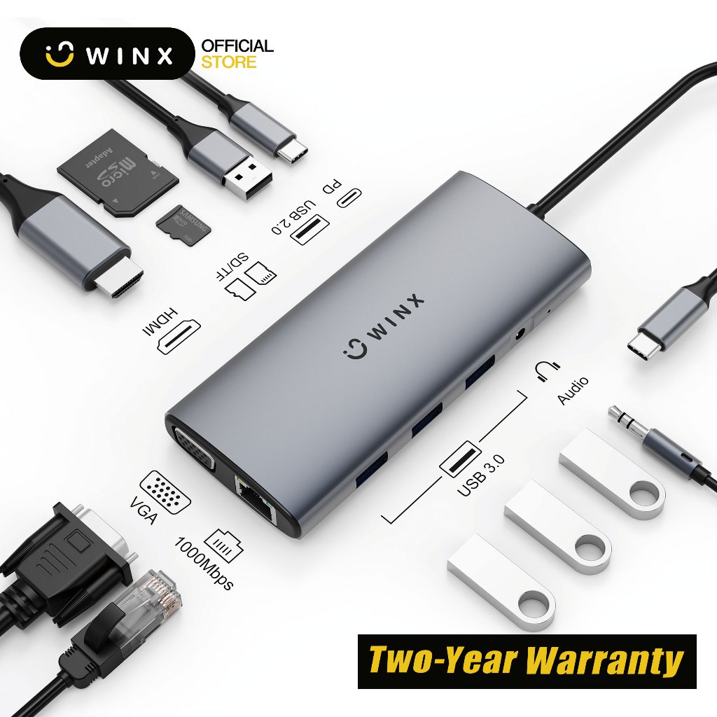 WINX 11-in-1 Type-C Hub พร้อมอีเธอร์เน็ต 4K Type-C ถึง HDMI VGA 100W PD Power Delivery 3 พอร์ต USB 3.0 3.5 มม.SD TF Cards Reader สําหรับหลายอุปกรณ์รับประกัน 2 ปี HB112