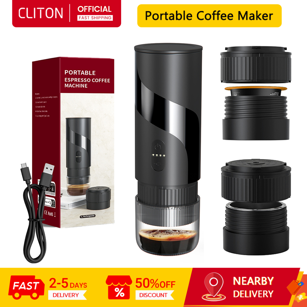 เครื่องชงกาแฟแบบพกพา Cliton แรงดันสูง 20 บาร์ 2-in-1 สําหรับกราวด์และแคปซูล, แบตเตอรี่ 1500mAh, กดกาแฟมือถือ