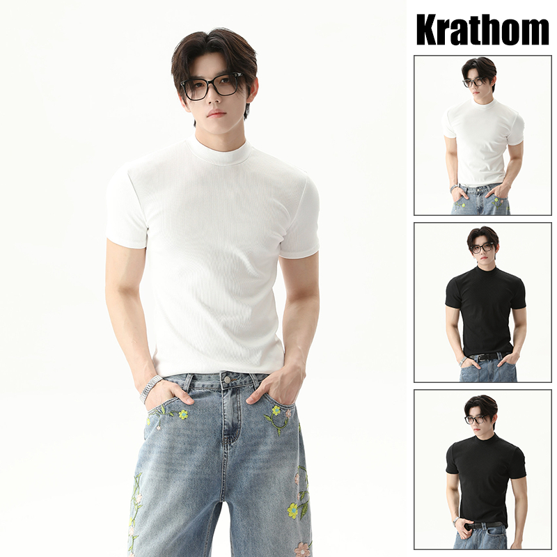 ผู้ชายผ้าฝ้ายจําลองคอสลิมฟิตแขนสั้นสีทึบเรียบง่ายอเนกประสงค์ฐานชั้นด้านบน