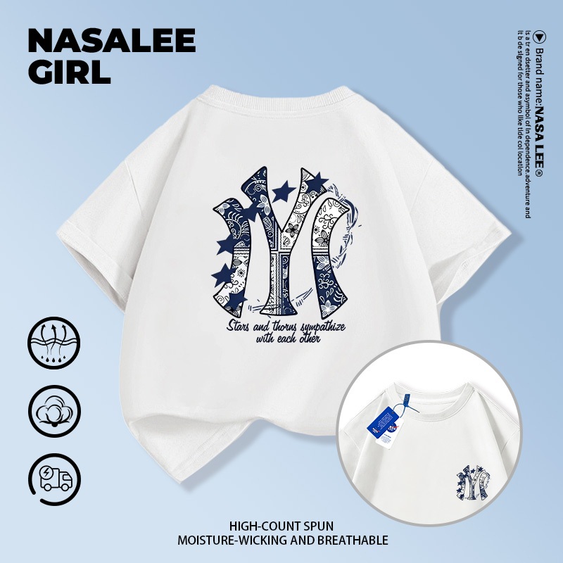 【จัดส่งวันนี้】เสื้อยืดผ้าฝ้ายสีขาวพิมพ์ลายตัวอักษร M ทันสมัยที่ด้านหลัง NASA สำหรับเด็กชายหญิงอายุ 3-16 ปี ใส่สบาย ทรงหลวม