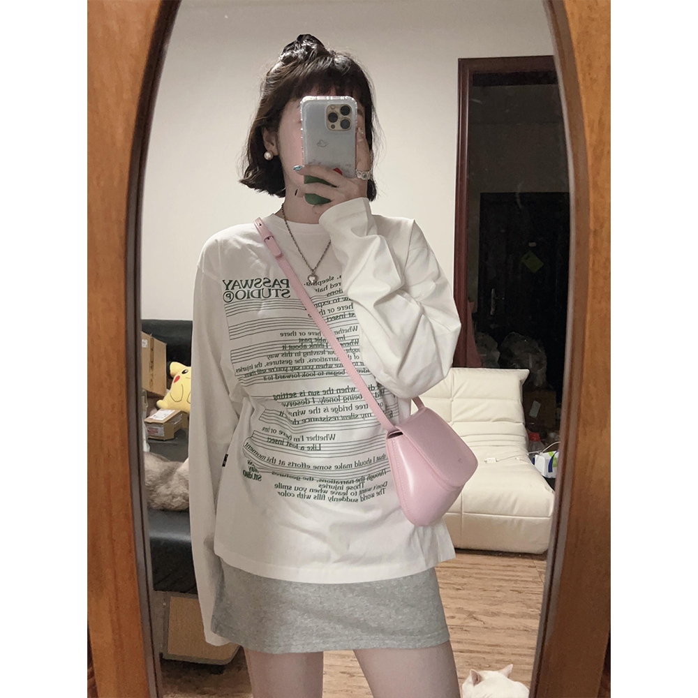 [สตรอเบอร์รี่สีดํา] ผู้หญิงเกาหลี Green Music Score พิมพ์ทุกการแข่งขัน M-XXL เสื้อแขนยาวสีขาว