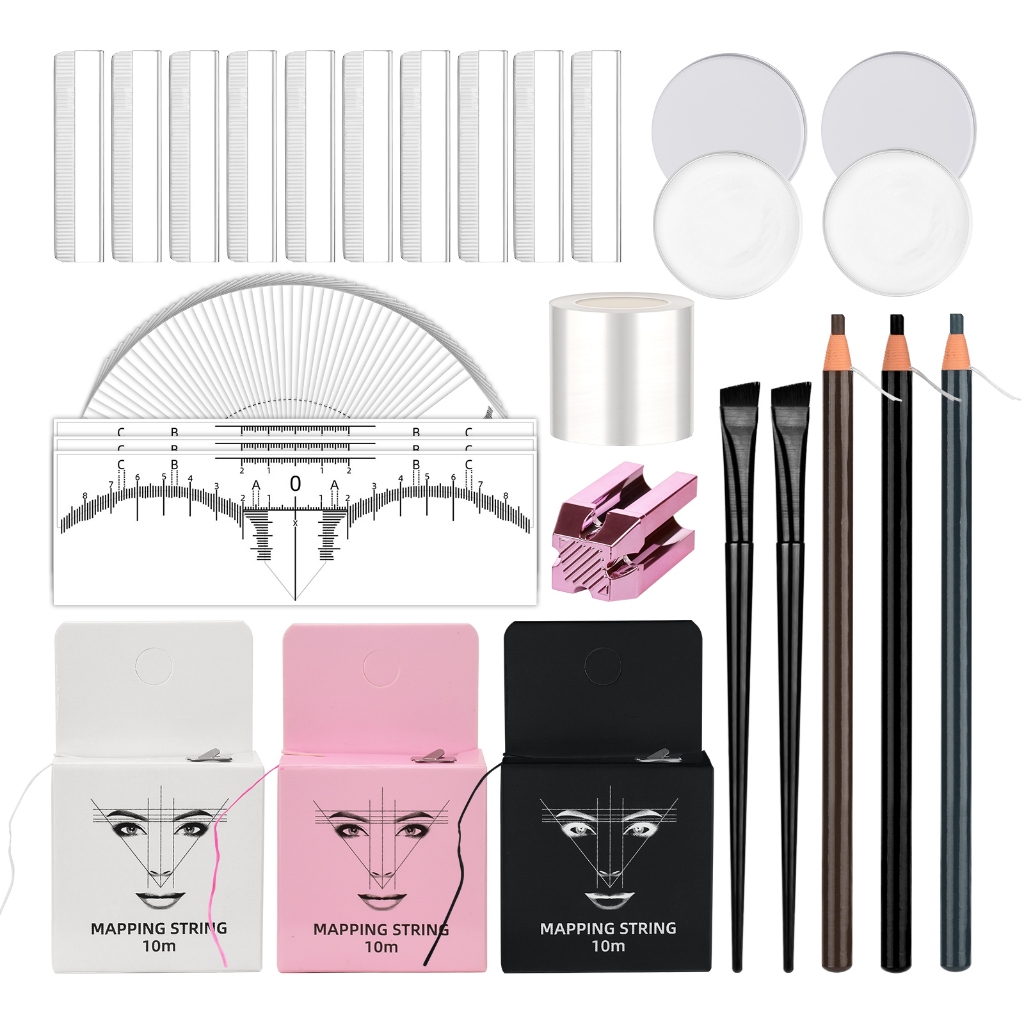 ATOMUS Brow Mapping Kit 10m สีดําสีขาวสีชมพู Mapping String, 50 ชิ้นคิ้วไม้บรรทัดสติกเกอร์,สีขาวคิ้ว