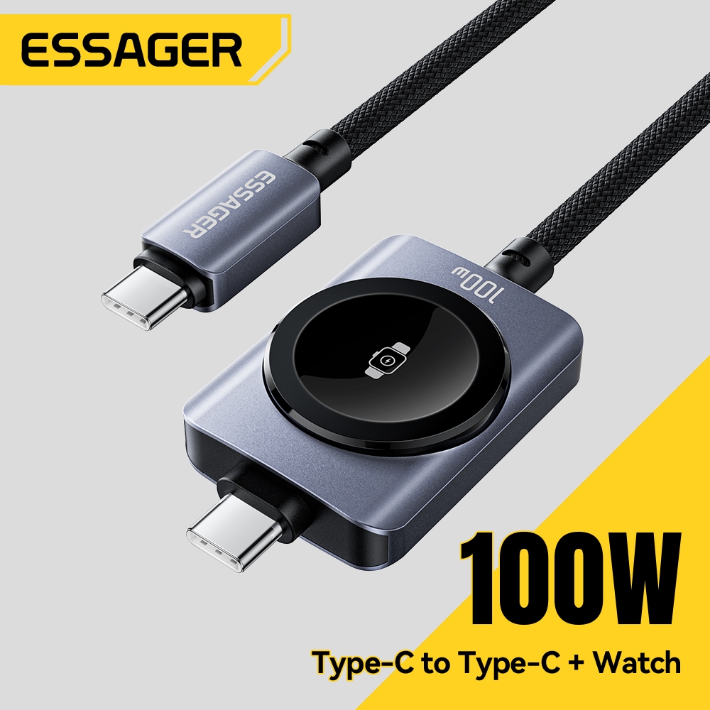 ESSAGER 100W 2 in 1 Watch Data Cable Type-C Fast Charging and Data Transmission E-Marker Chip 20V/5A Fast CHARGING 2.5 ชั่วโมง Full Charge MBk Pro