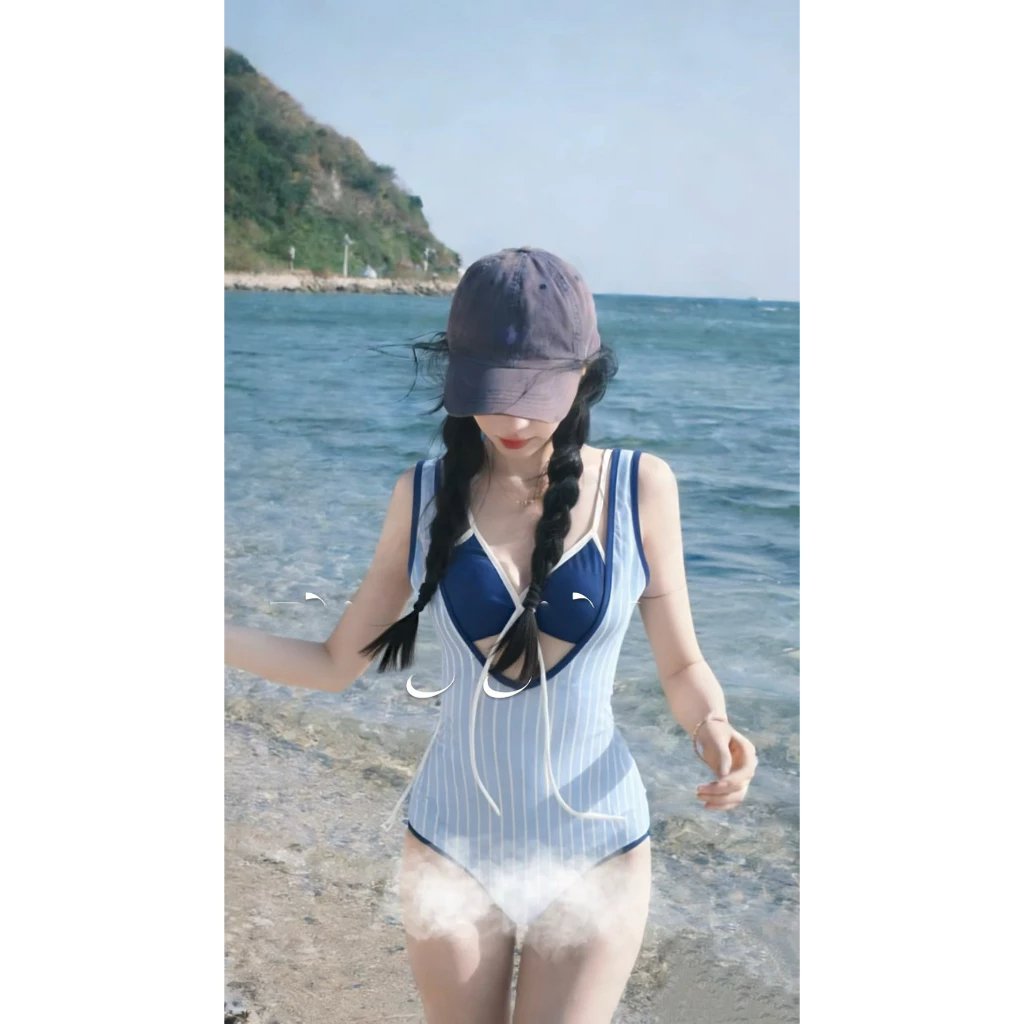 ชุดว่ายน้ำผู้หญิง วันพีช+บิกินี่ เซ็ต 2 ชิ้น ลายทาง สไตล์เกาหลี thumbnail 5
