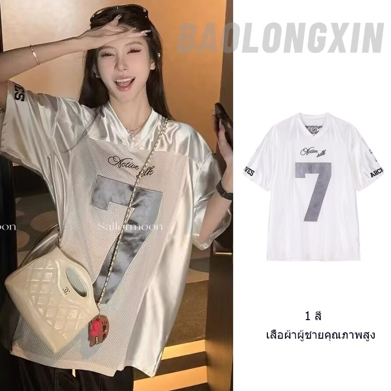 Baolongxin American Street เสื้อยืดแขนสั้นพิมพ์ลายดิจิตอลเย็บดีไซน์หลวมหนักเสื้อกีฬาคอวี