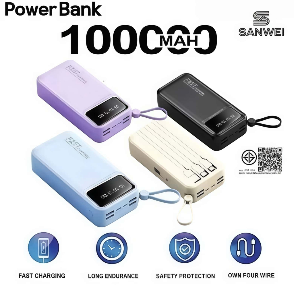 SANWEI 100000mAh Power bank รองรับการชาร์จอย่างรวดเร็ว 120W/PD20W พร้อมสายเคเบิลข้อมูล 4 เส้น power bank powerbank พาวเวอร์แบงค์ แบตสำรอง ชาร์จเร็ว type-c