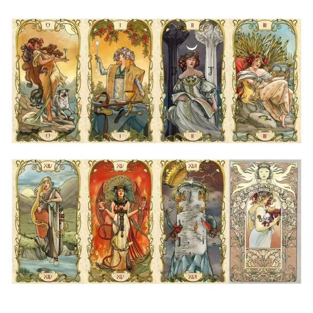 คลังสินค้าพร้อม [กันน้ําทนต่อการสึกหรอ] Mucha Tarot เกมกระดานภาษาอังกฤษ Mucha ไพ่ทาโรต์เกมวัสดุ pvc