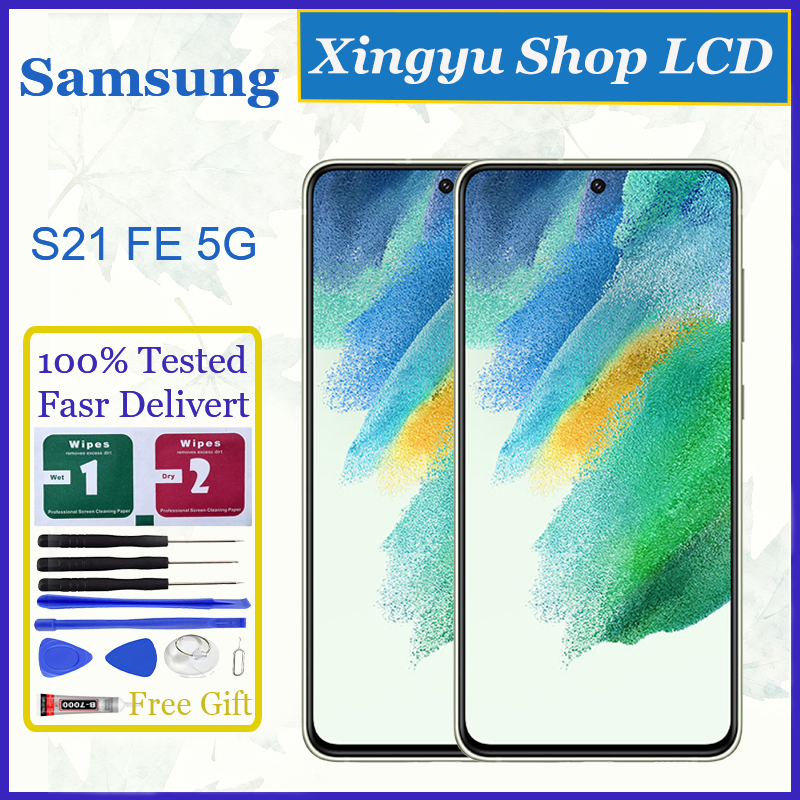 Original AMOLED สําหรับ Samsung Galaxy S21 FE 5G SM-G990B หน้าจอสัมผัส LCD พร้อมกรอบเปลี่ยน