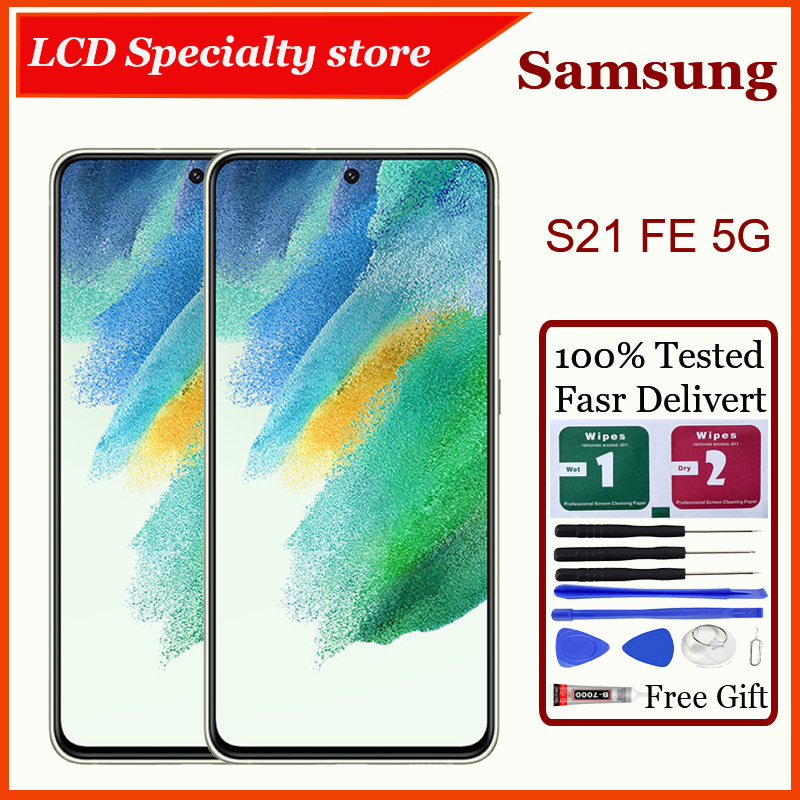 Original AMOLED สําหรับ Samsung Galaxy S21 FE 5G SM-G990B หน้าจอสัมผัส LCD พร้อมกรอบเปลี่ยน